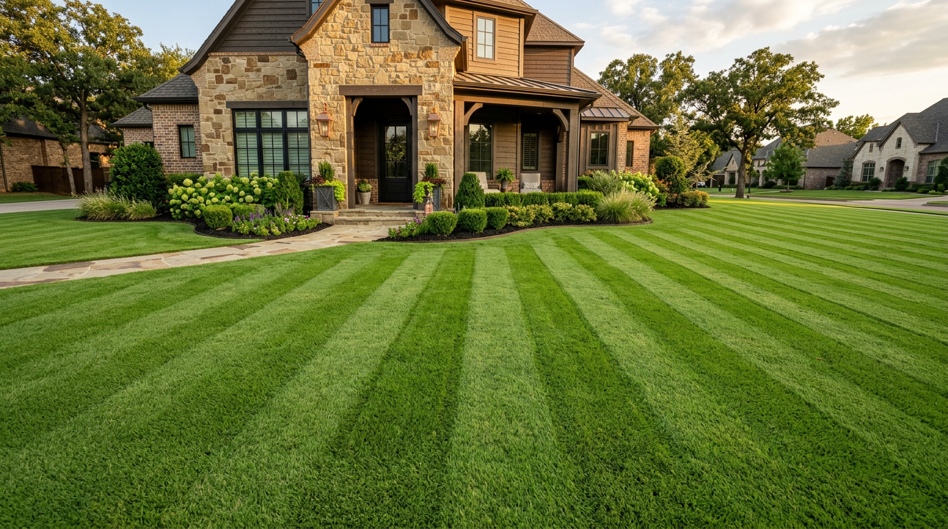 Freshly mowed lawn in Yukon, OK with crisp stripes and clean edging