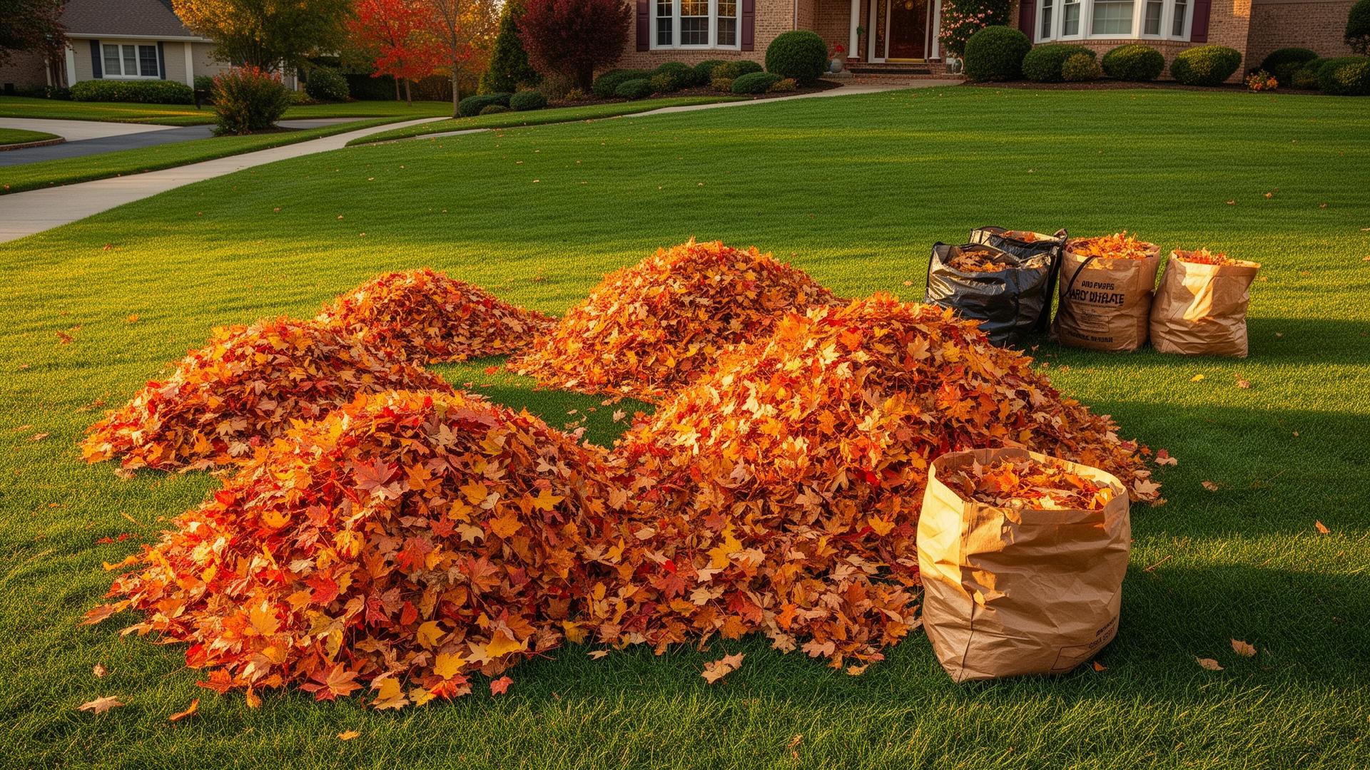 Backpack leaf blower clearing colorful fall leaves from a Yukon, OK yard